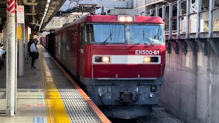 【4K高画質】【約３時間遅れ】JR貨物EH500形61号機＋コキ14B（両）が大崎駅5番線を通過するシーン（3086レ・仙貨A159・コンテナ輸送） 2024.10.1