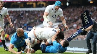 Billy Vunipola squeezes in at the corner for Try,  England v Italy, 14th Feb 2015