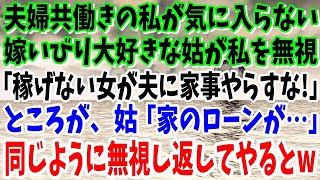 【スカッと】夫婦共働きの私が気に入らない嫁いびり大好きな姑が私を無視「小銭しか稼げない女が夫に家事やらすな！」→ところが、姑「家のローンが…あなた給料…」同じように無視し返してやるとwww【