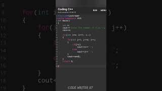 Best C++ pattern program tutorial video || 💯🧠 #youtubeshorts #coding #codewriter07 #programming