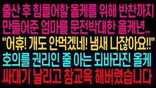 사연열차출산 후 힘들어할 올케를 위해 반찬까지만 들어준 엄마에게 막말하는 올케  '어휴! 개도 안먹겠네!' 호의를 권리인 줄 아는 되바라진 올케를 참교육 해버렸습니다#실화