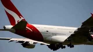 QANTAS Airways A380-842 (QF7) landing at DFW International Airport (VH-OQE)