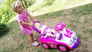 Little Girl Elis Take Care Of Baby Doll w/ Animals Feeding On The Farm - Nursery Rhyme