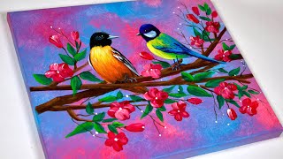 How to Paint Bird on Branch with Flowers | Acrylic Painting Techniques