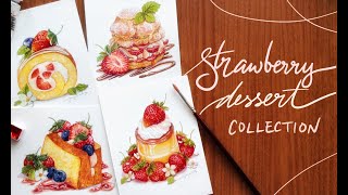 4 Watercolor Strawberry Desserts Collection