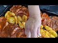 lunch idea pork with potatoes roasted on a base of onions and aromatic herbs recipe