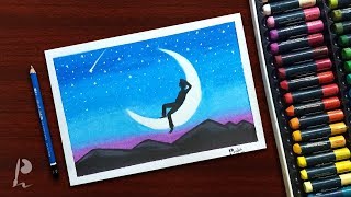 Lonely Boy Moonlight Dream Scenery Drawing With Oil Pastels | PrabuDbz Art