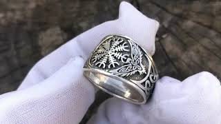 Sterling Silver Helm of Awe Ring Aegishjalmur Celtic Ring Celtic Knot and Raven