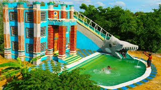 [ ] Building Creative 4-Story Classic Mud Villa, Swimming Pool & Dinosaur Water