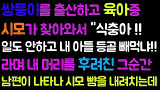 (반전 사이다사연) 쌍둥이를 출산하고 육아중 시모가 찾아와서 '일도 안하고 내 아들 등골빼먹고 있네_' 라며 내 머리를 후려친 그순간 남편이 나타나 시모를 사정없이