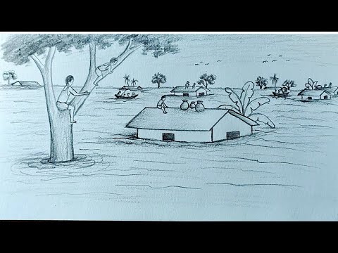 Easy Flood Scenery Drawing //how To Draw Flood Scenery Step By Step ...