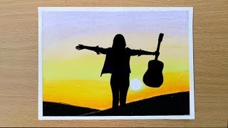 A Girl with guitar scenery drawing for beginners with Oil Pastels - step by step