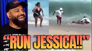 Lifeguard hilariously Runs While Trying to Save Fat Woman When Huge Wave Comes C