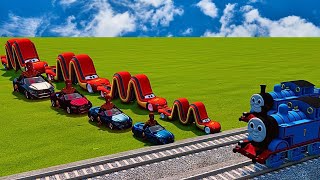 Big \u0026 Small Red Lomg Lightning McQueen VS Big \u0026 Small Spaiderman BMW vs Trains BeamNG Drive