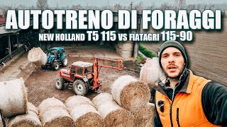 Un autotreno di foraggi da scaricare | Fiatagri 115-90 vs New Holland T5 115