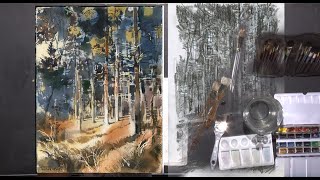 Солнце и сосны акварелью / Watercolor sun and pines