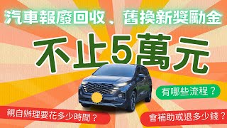 原來汽車報廢回收、舊換新獎勵金不止5萬元  ▏可以拿多少錢要花多少時間，流程、費用大公開 ▏2小時搞定#車體報廢回收#車籍報廢#申請汽車回收獎勵#申請新車補助貨物稅