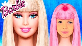 Katy pretend Barbie with puppy and play with make up for kids and building playhouse