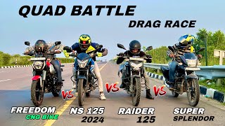 bajaj pulsar ns 125 vs tvs raider 125 vs bajaj freedom 125 vs hero super splendor 125 | quad battle😱