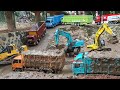 DUA YUNIT RC HINO DAM TRUK RC EXSAVATOR RC BULDOZER KURAS LUMPUR DI SUNGAI simulasi miniatur truk