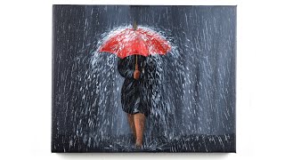 Girl Walking in the Rain / Rainy Day Acrylic Painting / painting for beginners