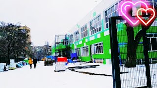 Restoration of schools in Mariupol. Snowy Winter has come. City 2023. Construction and Repair Russia