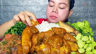 Gulai kepala ayam bumbu pedas sambal terasi,pete jumbo,rebusan daun pepaya ikan asin Mukbang