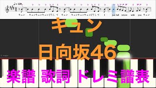 キュン 日向坂46【楽譜付き/歌詞あり/ドレミファ譜表あり/カラオケ】主旋律　演奏タイミング　ピアノ　オカリナ　フルート　トランペット演奏に最適