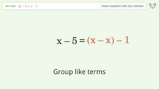 Linear equation with one unknown: Solve 2x-5=x-1 step-by-step solution