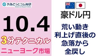 FX/為替予想  「豪ドル/円、荒い動き、 利上げ直後の急落から全戻し」見通しズバリ！3分テクニカル分析 ニューヨーク市場の見通し　2022年10月4日