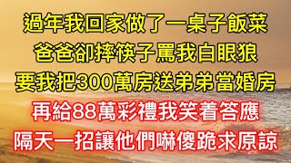 過年我回家做了一桌子飯菜，爸爸卻摔筷子罵我白眼狼，要我把300萬房送弟弟當婚房，再給88萬彩禮我笑着答應，隔天一招讓他們嚇傻跪求原諒