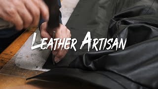 Process of making handmade leather jacket by leather craftsman with 48 years of history