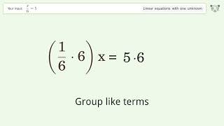 Linear equation with one unknown: Solve x/6=5 step-by-step solution