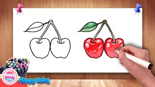 卡通简笔画《樱桃》如何画卡通水果：《纯手绘》水彩上色。How to draw cartoon fruits: \