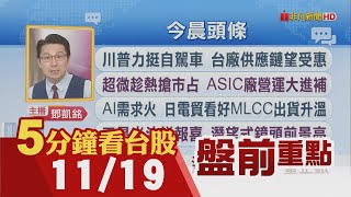 特斯拉強漲5.6% 川普擬放寬自駕車規範!輝達財報公布前夕 鴻海.廣達:安啦!超微趁熱搶市占 ASIC廠大進補!玉晶光報喜 潛望式鏡頭前景亮｜主播鄧凱銘｜【5分鐘看台股】20241119｜非凡財經新聞