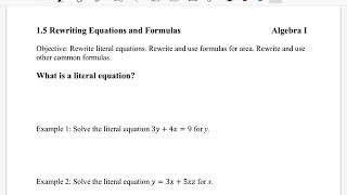 Alg 1: 1.5 Rewriting Equations and Formulas