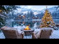 cozy winter serenity crackling fire pit and snowfall by the lake. nature sounds for relaxation