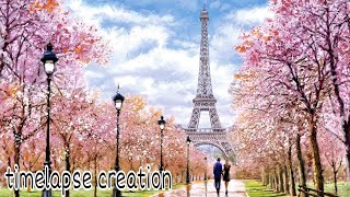 Eiffel tower painting | cherry blossom trees | paris |timelapse creation