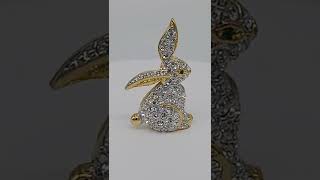 Vintage Bunny Rabbit Brooch Pin Clear Rhinestones Green Emerald Eye Gold Tone