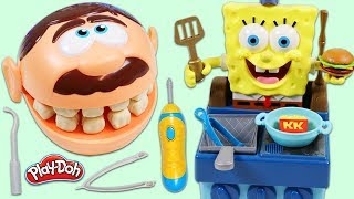 Feeding Mr. Play Doh Head with SpongeBob SquarePants Krabby Patty Grill!