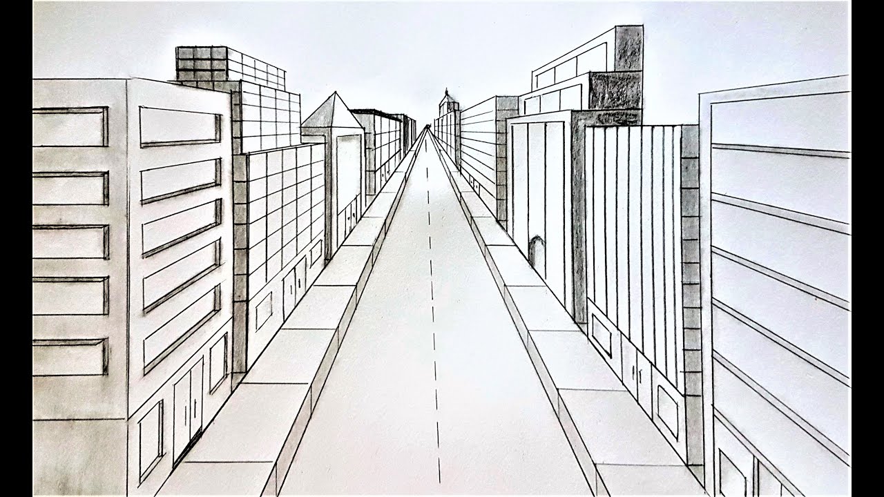 One Point Perspective Sidewalk Street Sketch Ink 1 Point Perspective