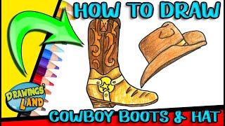 How to DRAW COWBOY HAT AND BOOTS Easy Step by Step
