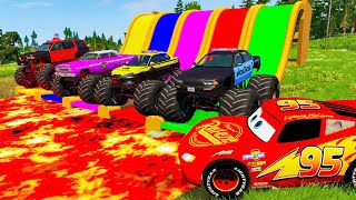 EPIC ESCAPE FROM 4 POLICE MONSTER TRUCKS VS LONG SLIDE GAME AND TRAPS in BeamNG.Drive