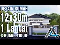 DESAIN RUMAH 12 x 30  meter I Sulawesi Selatan – 3D ANIMASI RUMAH TROPIS MODERN + GAZEBO