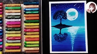 easy oil pastel drawing/ moonlight night scenery drawing for beginners #oilpastel