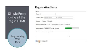 8. Simple Form using all the tag in HTML with Basic Validation || With Coding