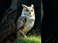 an owl perched in the grass surrounded by a dark background showcasing its striking. shorts owl