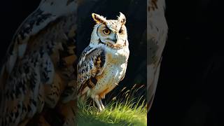 An owl perched in the grass, surrounded by a dark background, showcasing its striking. #shorts #owl