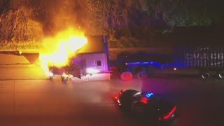 Stolen big rig chase ends in fiery wreck