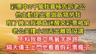 彩票中2千萬我喜極告訴老公，他主動提出要做飯犒勞我，喫了幾口我竟昏迷醒來彩票被偷，老公笑摟小三丟出離婚協議，不料我竟立馬籤字跑路，隔天債主上門他看着假彩票瘋了